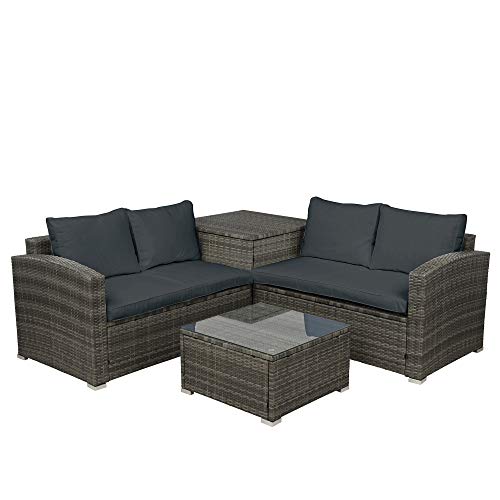 Danxee Outdoor Patio 4 Piece Conversation Set Wicker Rattan Sectional Sofa W/ Loveseat Coffee Table & Storage Ottoman Backyard Porch Lawn