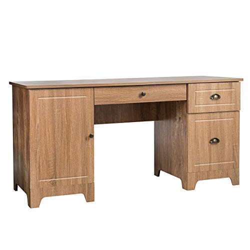 Tangkula 59 Inches Computer Desk, Wood Executive Desk Home Office Desk with Storage Drawers & Cabinet, Writing Study Table Computer Workstation, PC Laptop Desk for Bedroom & Office (Natural)