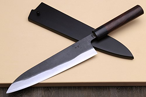 Yoshihiro Mizu Yaki Aogami Super Blue High Carbon Steel Kurouchi Gyuto Chef’s Knife (9.5'' (240mm) & Saya, D-Shape Rosewood Handle)