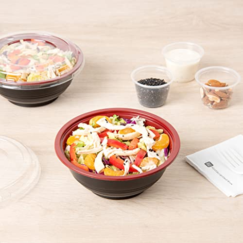 18 Ounce Plastic Food Bowls, 200 With Lid Disposable Food Containers - Mircowave-Safe, BPA-Free, Black And Red Plastic To Go Bowls, Disposable - Restaurantware