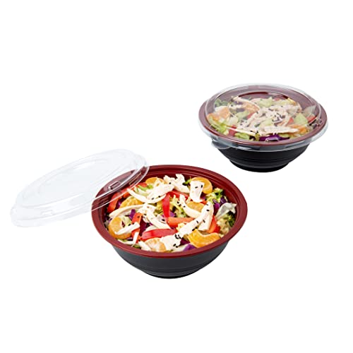18 Ounce Plastic Food Bowls, 200 With Lid Disposable Food Containers - Mircowave-Safe, BPA-Free, Black And Red Plastic To Go Bowls, Disposable - Restaurantware