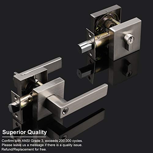 10 Sets Entry Door Handles with Single Cylinder Deadbolt for Exterior Front Doors, Satin Nickel Finish Keyed Alike Leversets, Come with Same Keys, Contractor Pack of 6