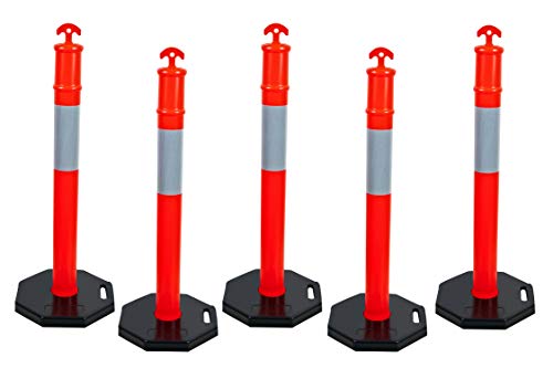 (Set of 5) CJ Safety 44" Orange PE Delineator Post Cone, 44" Height Post, 13 lbs Octagonal Rubber Base, 10" Reflective Band (Set of 5)