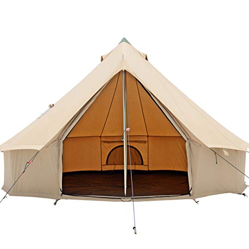 Premium 100% Cotton Canvas Bell Tent, Water Repellent Complete with Steel Center & Door Pole, Roof Vents, Bug mesh Doors & Windows for All Season Camping and Glamping (13ft (4M), Water Repellent)