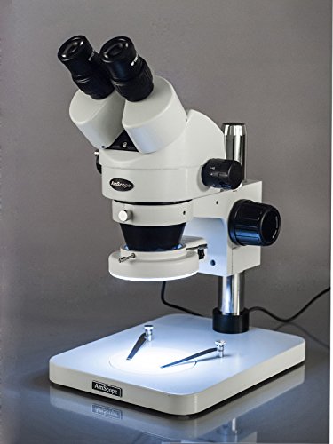 AmScope Professional Binocular Stereo Zoom Microscope 144-Bulb LED Ring Light, Pillar Stand, Includes 0.5x & 2.0x Barlow Lenses