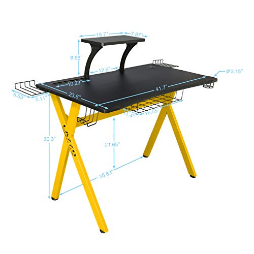 lazzo 42" Gaming Desk,Home Office Desk with Detachable Monitor Stand,Storage Basket,Speaker Holder,Cup Holder,Headphone Hook & Cable Management,Computer Gaming Table, Yellow