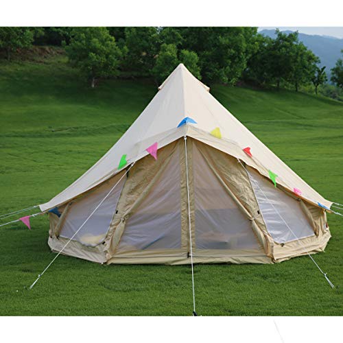 PlayDo 4-Season Waterproof Cotton Canvas Bell Tent Wall Yurt Tent with Stove Hole for Outdoor Camping Hunting Hiking Festival Party (with Big Windows&Stove Hole, 5M/16.4ft)
