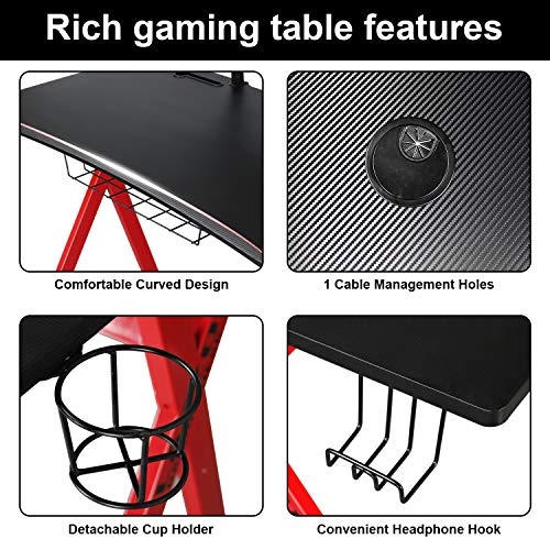 Lazzo Stylish 41.7" Multifunction Computer Gaming Desk Music Workstation With Removable Display Support Plate,Cup Holder and Headphone Hook,Storage Basket,For Home Office Bedroom,Red & Black 41"x23.5"