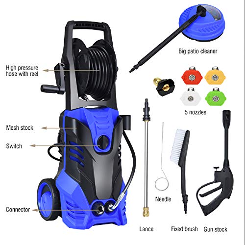 Goplus 3000PSI Electric High Pressure Washer, 2 GPM 2000W Portable Power Washer Deck Patio Cleaner with Nozzles (Blue)