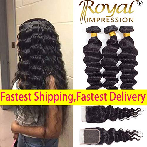 10A Brazilian Virgin Hair Loose Wave 3 Bundles with Closure (16 18 20+14"Closure) Brazilian Human Hair Bundles with Closure 100% Unprocessed Virgin Remy Hair Bundles with Lace Closure Natural Color