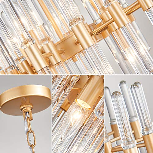 TZOE Modern Chandeliers,Crystal Chandelier,8 Light Round Pendant Light,Width 19 inch,Golden Metal + Clear Glass,Adjustable Height,UL Listed