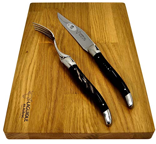 Laguiole en Aubrac Stainless Steel Set of 2 Forks and 2 Knives with Water Buffalo Handle