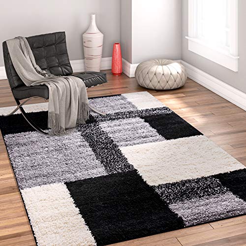 Modern Shag Geometric 8x10 (7'10" x 9'10") Area Rug Cubes Black & Cream Plush Shag Blocks & Squares Plush Shag Easy Care Thick Soft Plush Living Room�