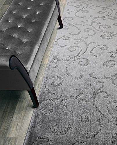 Custom Length Hallway Runner Rug,Slip Resistant,Scroll Grey, 26 Inch X 27 feet, Sold and Priced Per Foot