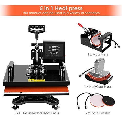 Heat Press 12" x 15" - TUSY 5 in 1 Swing Away Heat Press Machine for T Shirts Hat Mug Cap Plate, Multifunctional Digital Heat Transfer Sublimation
