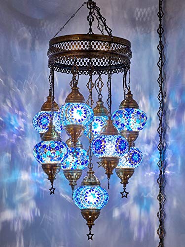 (Customizable Globes) DEMMEX 2019 Hard-Wired or PLUGIN 1,3,5,7,9 Globes Chandelier Lights Turkish Moroccan Mosaic Ceiling Hanging Pendant Chandelier Light Lighting (9 Globes PlugIn, 41")