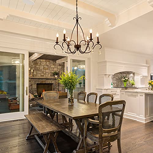LALUZ Rustic Farmhouse Chandelier, 6-Light Bronze French Country Chandeliers with Crystal Pendants for Dining Room, Living Room, Kitchen, 28''