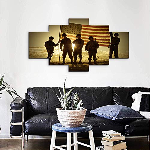 Large USA US American Military Soldiers Army Flag Wall Art Canvas Prints Home Decor Pictures Decals for Living Room Bedroom Office 5 Panel Poster Paintings Wooden Framed Ready to Hang (70"Wx40"H, 24)