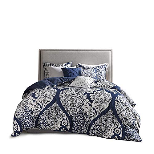 Madison Park Sateen Cotton Comforter Set-Traditional Luxe Design All Season Lightweight Bedding, Shams, Bedskirt, Decorative Pillows, California King (104 in x 92 in), Vienna, Damask Indigo 7 Piece