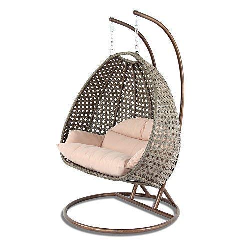 Island Gale Luxury 2 Person Outdoor Patio Hanging Wicker Swing Chair (X-Large, Latte Rattan/Latte Cushion)