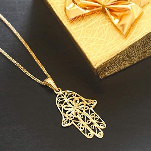 14K Yellow Gold Ornate Hamsa Necklace - 14K Solid Gold Delicate Jewish Pendant, Dainty Hand of Fatima Jewelry, Delicate Ethnic Handmade Necklace for Her - Unique Jewelry Gifts for Women