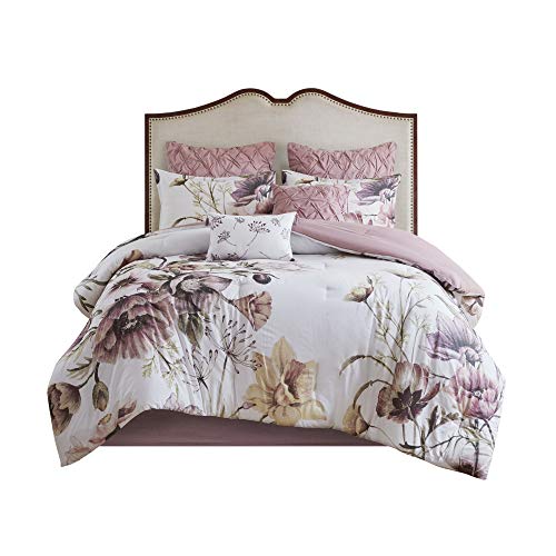 Madison Park Cassandra 8 Pc 100% Cotton Percale Large Floral Print with Reverse Solid Embroidered and Tufted Toss Pillows Shabby Chic All Season Comforter Bedding Set, Cal King, Blush