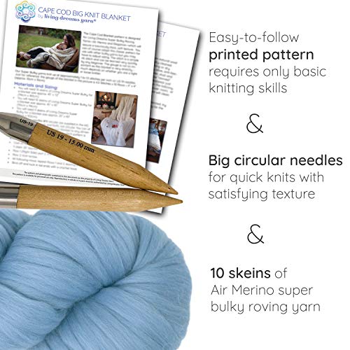 Extra Large Merino Blanket Knit Kit. Includes Super Soft Air Merino Yarn, Big Wooden Needles & Printed Cape Cod Blanket Pattern. Color: Bluebird