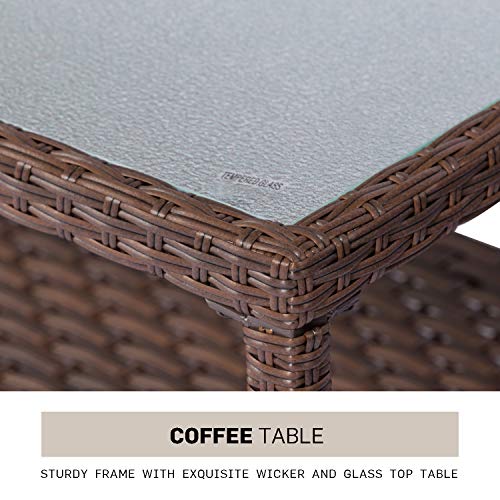 SOLAURA Outdoor Patio Furniture Set 5-Piece Conversation Set All Weather Wicker Furniture Sofa Set with Sophisticated Glass Coffee Table-Brown