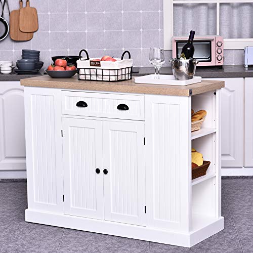 HOMCOM Fluted-Style Wooden Kitchen Island Storage Cabinet with Drawer, Open Shelving, and Interior Shelving, White
