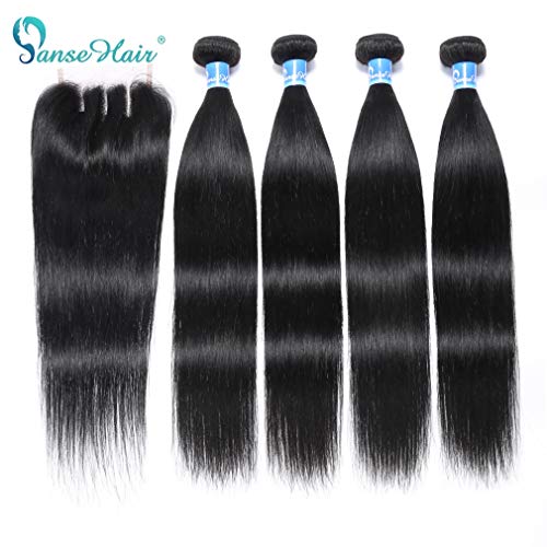 10a Grade Panse Hair Peruvian Straight Human Hair 4 Bundles with Three Part 4x4 Swiss Lace Closure 100% Unprocessed Virgin Hair Extensions 1b Black Color for Women (22 22 24 26+18)