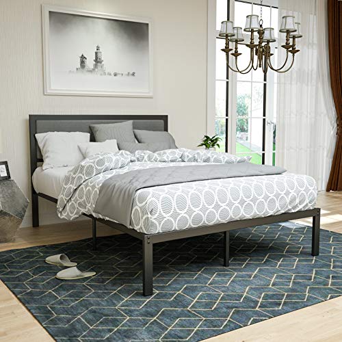 LAGRIMA Heavy Duty Metal Queen Bed Frame/Platform Bed with Grey Foam Cushioned Upholstered Headboard/with Solid Wood Slats Support/Mattress Foundation/Queen, Black