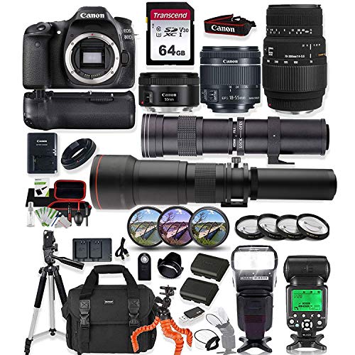 Canon EOS 80D DSLR Camera W/ 18-55mm, 50mm f1.8, & Sigma 70-300mm Lens 420-800mm & 650-1300mm Telephoto Zoom Lenses