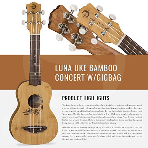 Luna Bamboo Concert Ukulele, UKE BAMBOO C with Elastic Flat Capo and Guitar Stand Complete Accessory Pack