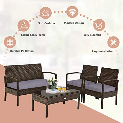 Tangkula 4Pc Outdoor Furniture Set Rattan Wicker Loveseat Sofa Cushioned Seat&Glass Top Coffee Table Modern