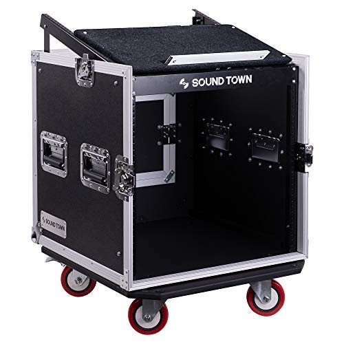 Sound Town 10U PA DJ Pro Audio Rack/Road ATA Case with 13U Slant Mixer Top, 23.5’’ Rackable Depth and Casters, 10 Space Size (STMR-10UW)