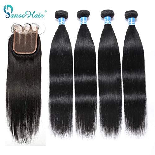 10a Grade Panse Hair Peruvian Straight Human Hair 4 Bundles with Three Part 4x4 Swiss Lace Closure 100% Unprocessed Virgin Hair Extensions 1b Black Color for Women (22 22 24 26+18)