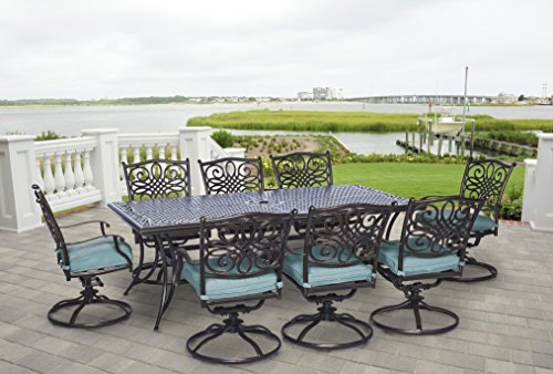 Hanover Traditions 9Pc Cast Aluminum Outdoor Patio Dining Set, 8Swivel Rocker Chairs & 42"x84"Rectangle Table, Red, TRAD9PCSW8-BLU