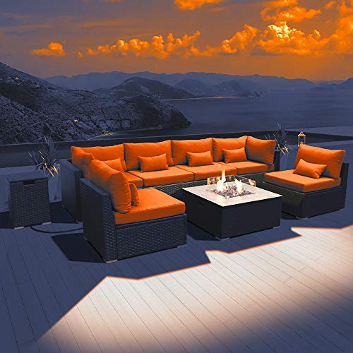 Modenzi Outdoor Sectional Patio Furniture W/ Propane Fire Pit Table Espresso Brown Wicker Resin Garden Conversation Sofa Set