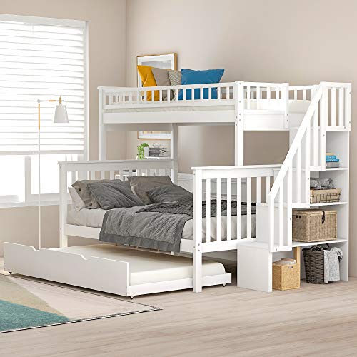 Merax Twin Over Full Stairway Bunk Bed with Storage and Trundle Bed, No Box Spring Required, White