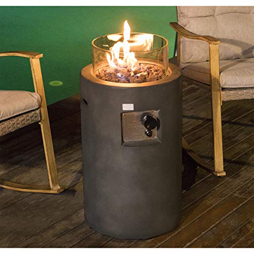 COSIEST Outdoor Propane Fire Pit Table W/ Compact Ledgestone 16in Round Graphite Base & Glass Wind Guard Free Lava Rocks Fits 20gal