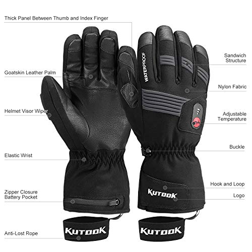 KUTOOK Electric Heat Gloves Rechargeable Battery Heated Gloves Waterproof Windproof in Winter Cold Weather Men Women Black Large