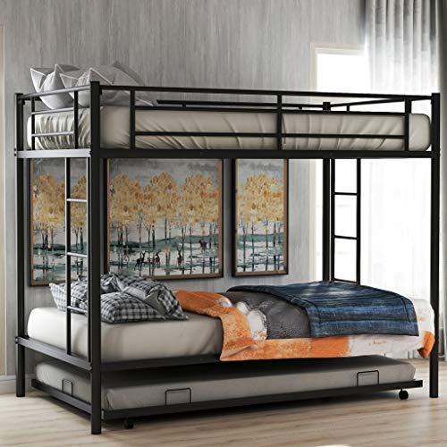 Metal Twin Over Twin Bunk Beds with Trundle Bed Twin Bunk Beds for Kids No Box Spring Required (Black (Twin Bunk with Trundle))