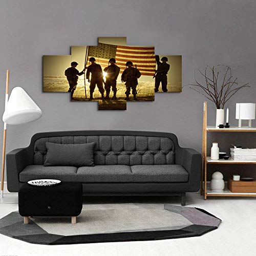 Large USA US American Military Soldiers Army Flag Wall Art Canvas Prints Home Decor Pictures Decals for Living Room Bedroom Office 5 Panel Poster Paintings Wooden Framed Ready to Hang (70"Wx40"H, 24)