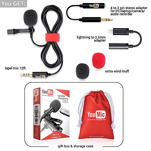 Lavalier Lapel Microphone with Adapter Compatible with iPhone X, XR, XS, XS Max, 8, 8 Plus, 7, 7 Plus - iPhone Microphone for Video Recording
