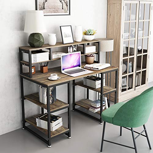 Computer Desk with Hutch DEWEL 47” Office Desk Gaming Table Writing Study Table Workstation with 2 Storage Bookshelf for Home Office