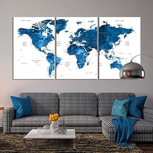 Large Wall Art Push Pin World Map Canvas Print - Extra Large Navy Blue World Map on White Background Wall Art Canvas Print