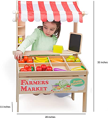 Wooden Farmers Market Stand - Kid's Playroom Furniture Grocery Stand for Pretend Play (30+ Pieces) - Includes Fruit, Chalkboard, and Cash Register