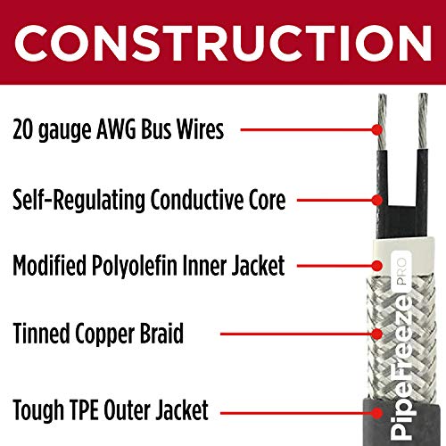 Heat Cable for Pipe Freeze Protection, 100 feet, with Built-in Thermostat and 16 Feet of High-Temp Installation Tape, Heavy-Duty, Self-Regulating, 120 volt