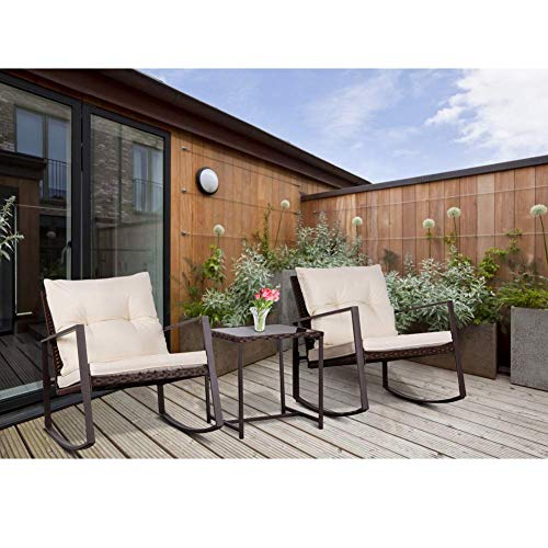BonusAll 3 Pieces Outdoor Patio Set Rocking Chair Patio Furniture Sets Conversation Sets with Coffee Table Light Blue