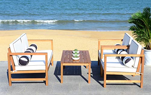 Safavieh PAT7030C Collection Montez Teak and Black and White 4 Pc Accent Pillows Outdoor Set, Natural/Brown